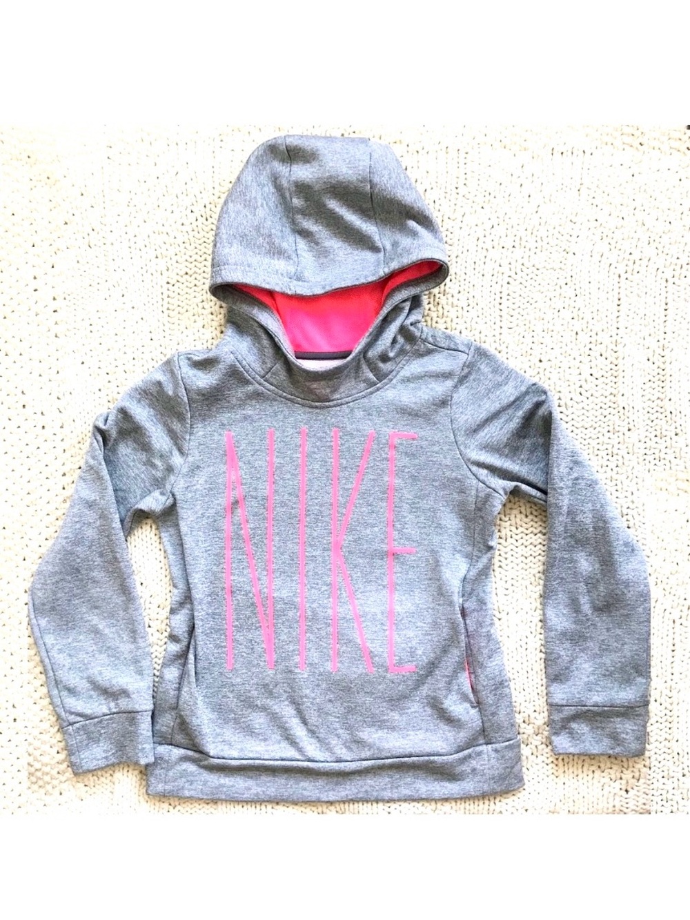 Nike Dri-FIT Performance Hoodie Gray Neon Pink Fitted Athletic Sweatshirt Small
